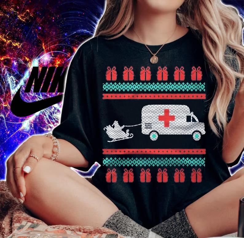 Christmas Ugly Sweater Ambulance Emergency Design Shirt t-shirt woman shirt
