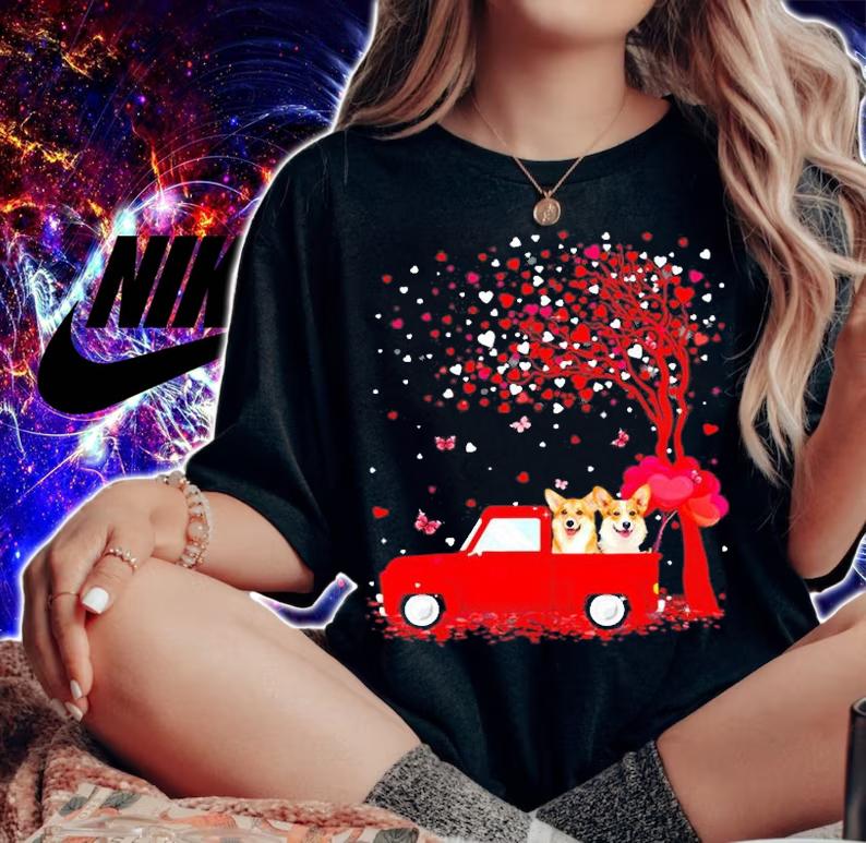 Corgi Valentine's Day Gifts Dogs Red Truck Hearts T-Shirt woman shirt