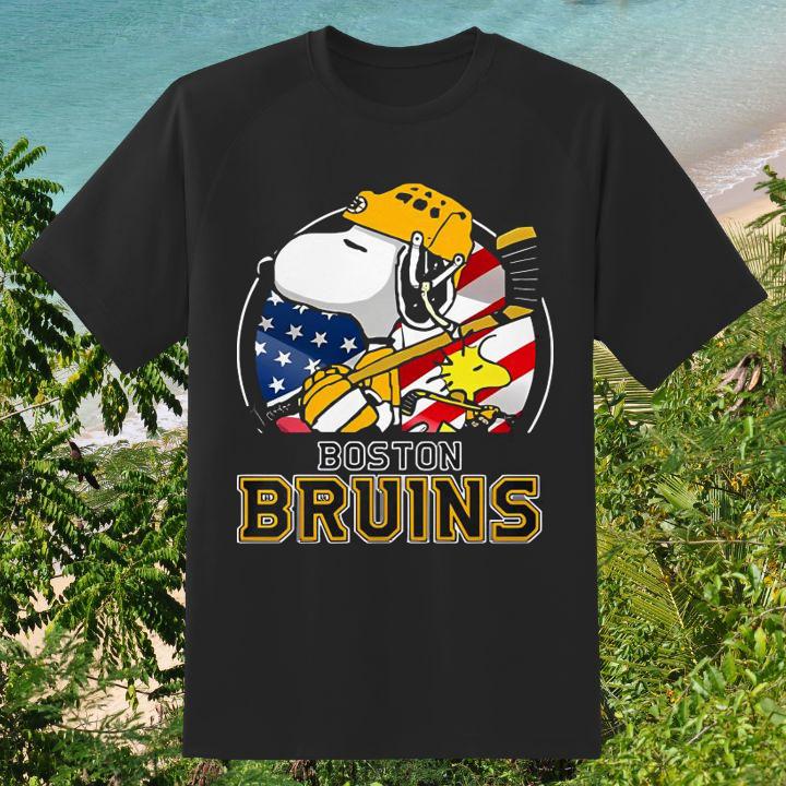 Boston Bruins Ice Hockey Snoopy And Woodstock NHL American Flag T-Shirt