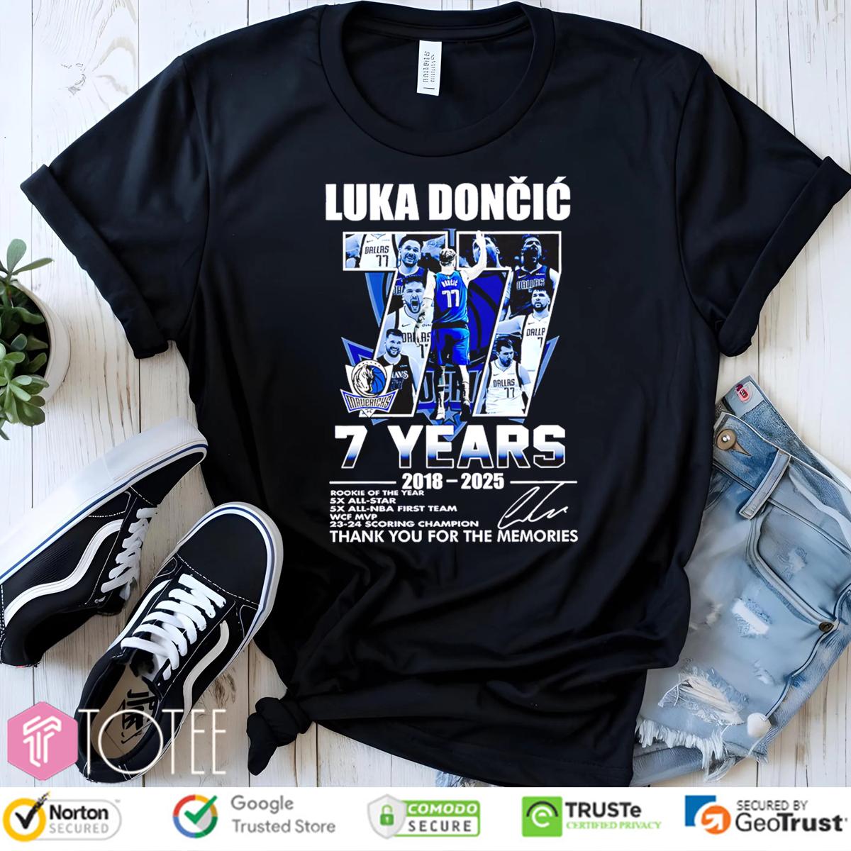 Dallas Mavericks 77 Luka Doncic 7 Years 2018-2025 Signature t-shirt